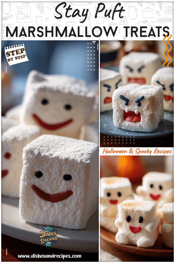 Homemade Ghostbusters Stay Puft marshmallows decorated as fun Halloween food treats on a party table.